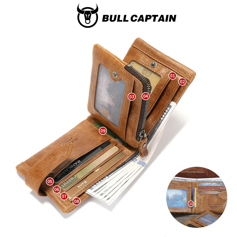BULLCAPTAIN Leather Wallet With RFID Wallets Card Holder Coin Purse Zipper Men Short wallet's Fashion Men Walletes Coffee 01H