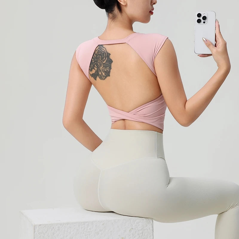 Sexy Short Backless Fixed Chest Pad Sports T-shirt Vest Women's Tight Fitting Quick Drying Slimming Yoga Suit Top Clothing