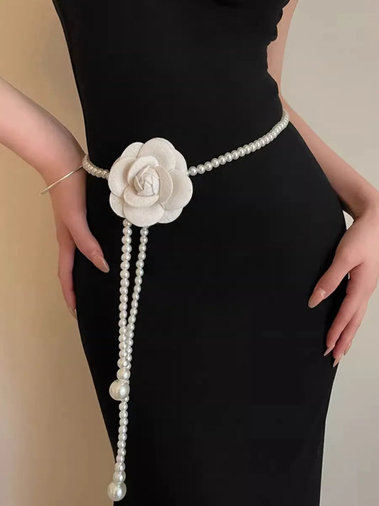 Camellia Pearl Waist Chain For Women Versatile With Skirts Sweet Decoration Thin Waist Belt To Cinch And Slim The Waist