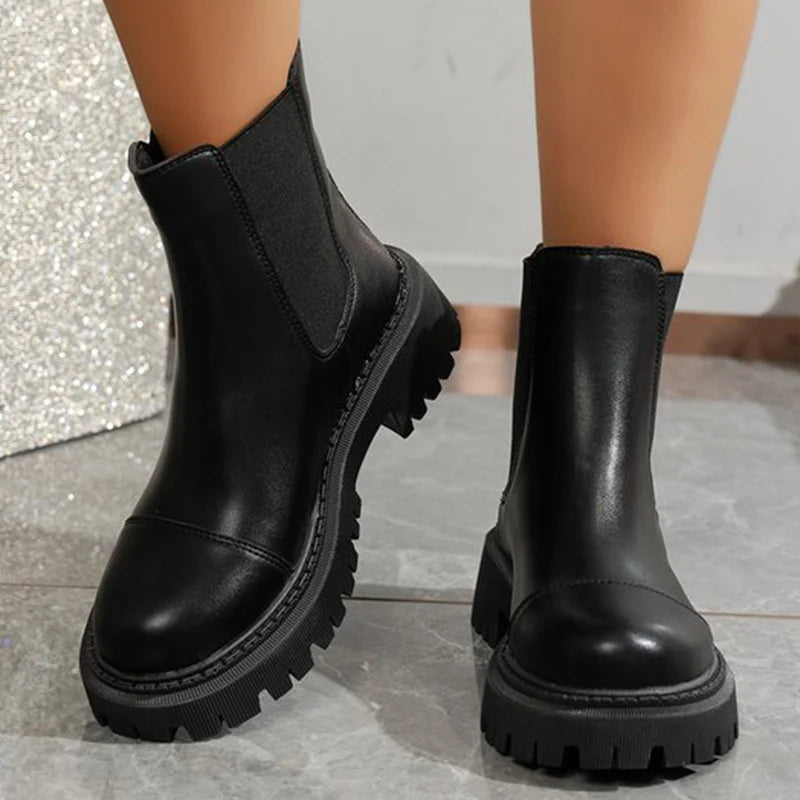 British Black Round Toe Ankle Boots for Women Autumn Winter Fashion Pu Leather Boots Woman Non-Slip Thick Platform Shoes Female