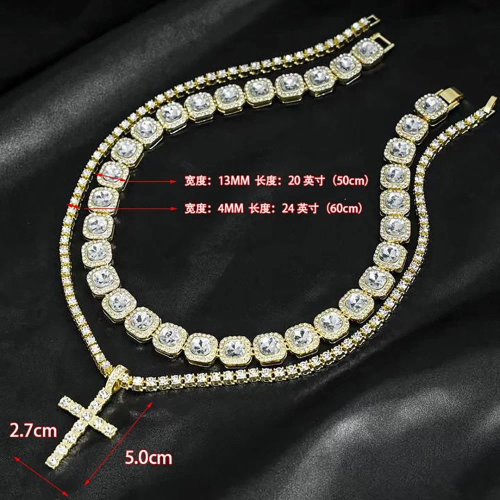 Hip Hop  Iced Out Tennis Chain Cross Necklace Men Women 2Pcs Bling Miami Cuban Chain Necklace Set Iced Out Chain Jewelry Gift