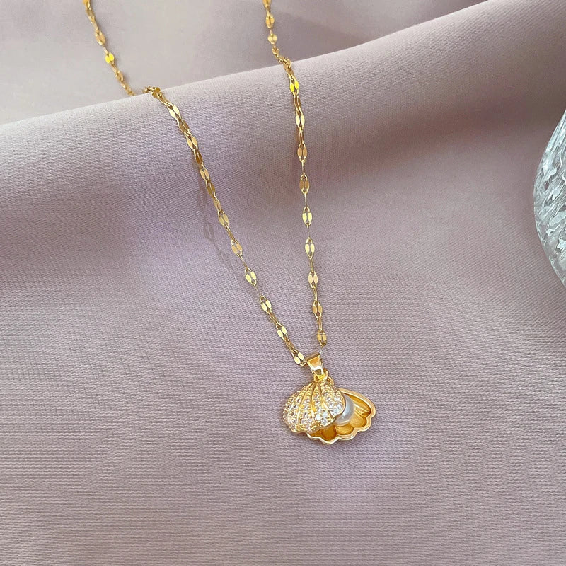 Fashion Shell Starfish Pearl Pendant Necklace for Women Stainless Steel Zircon Heart Clavicle Chain Summer Beach Jewelry Gift