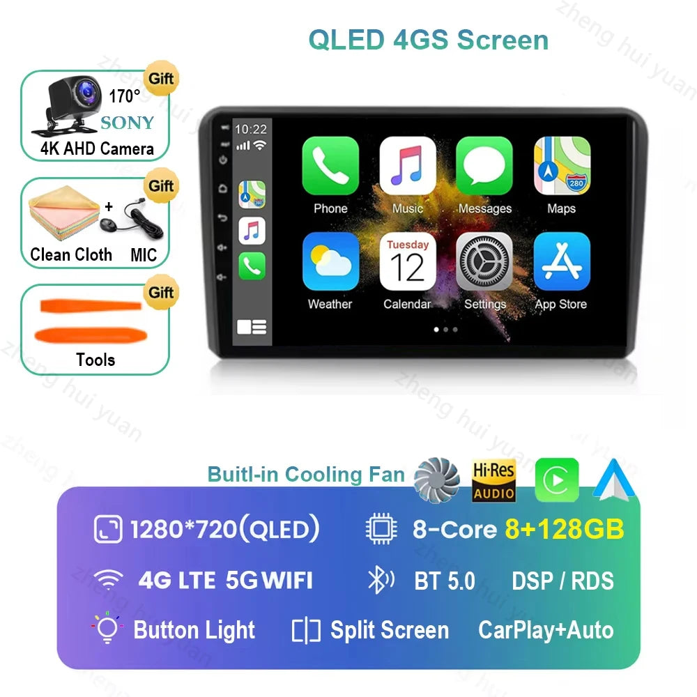 For Audi A3 8P 2003 2004 - 2013 Android 16 GPS WIFI 4G Carplay&Auto Car Radio Navigation QLED Multimedia Stereo Player BT