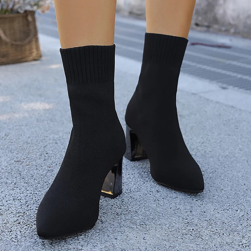 Autumn Winter Knitted High Heel Boots Women 2025 Sexy Pointed Toe Ankle Boots Woman Plus Size 36-43 Thick Heels Booties Mujer