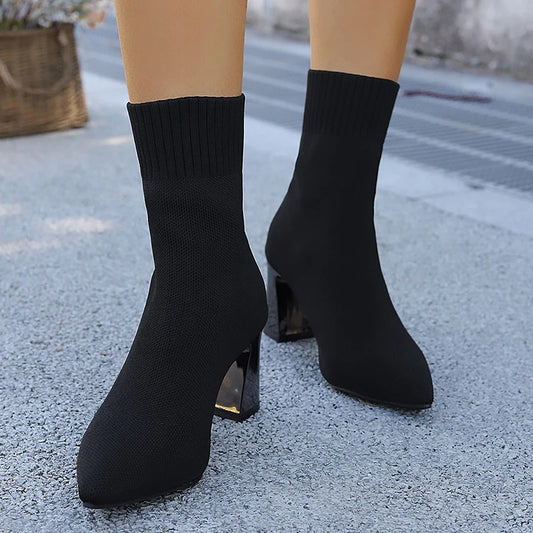 Autumn Winter Knitted High Heel Boots Women 2025 Sexy Pointed Toe Ankle Boots Woman Plus Size 36-43 Thick Heels Booties Mujer