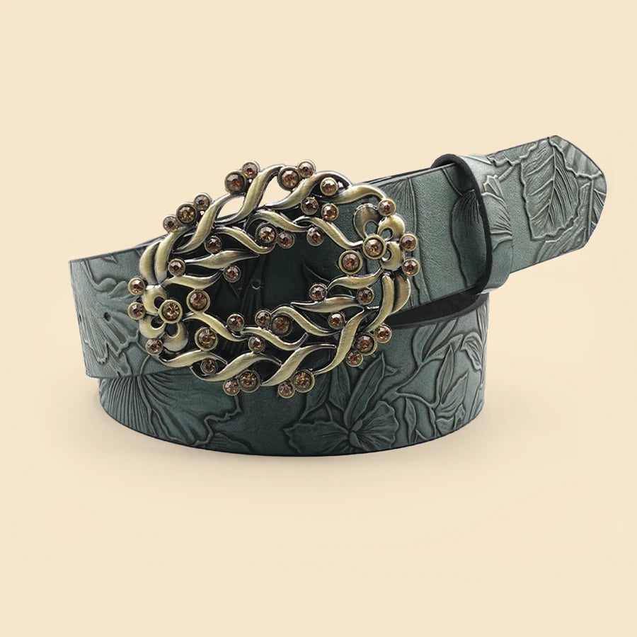 Deep Green Leaf Pattern Printed Women's Belt Vine Pattern Buckle Retro Casual Belt Jeans Dress Decoration