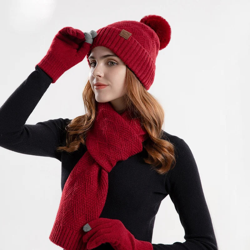 Xinbaoguan 100% Acrylic 9988 Winter Korean Edition Fashion Knitted Wool Warm Hat Scarf Glove 3-Piece Set Ear Protection Hoodie
