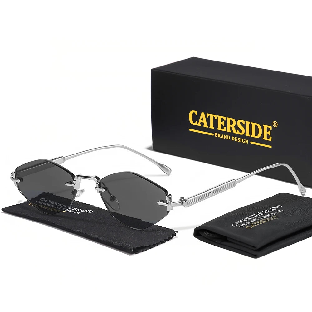 CATERSIDE Men's Small Frameless Sunglasses High-Quality Polygon Metal Frame Y2K Sun Glasses Women's Party Outdoor Glasses UV400