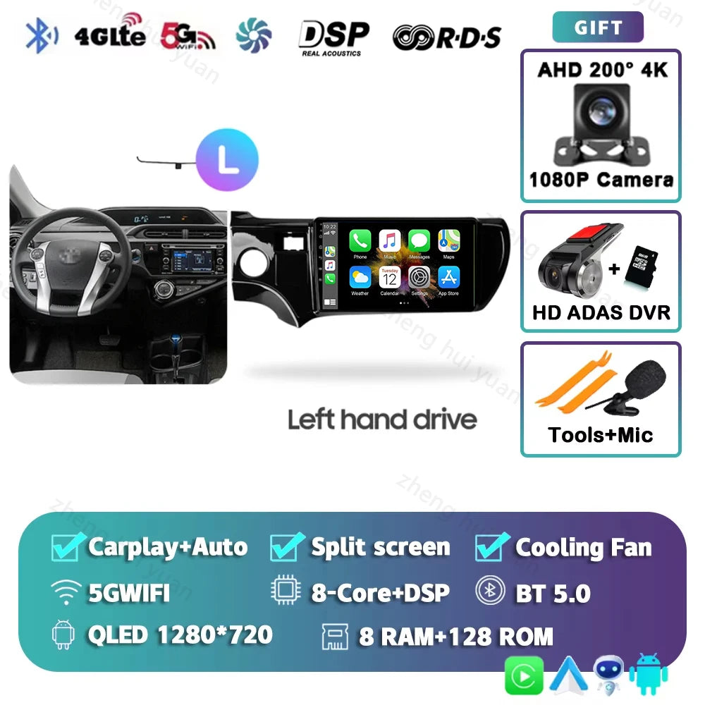 Android 15 CarPlay Auto For Toyota Aqua LHD RHD 2011 - 2017 Car Radio Multimedia navigation video DVD Autoradio Stereo 2din 4G
