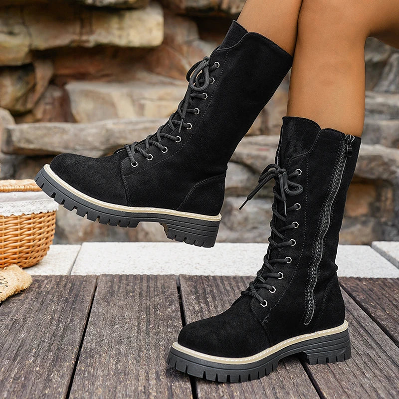 Plus Size 43 Flock Platform Mid Calf Boots Women Fashion Lace Up Thick Sole Riding Boots Woman Side Zipper Autumn Winter Botas
