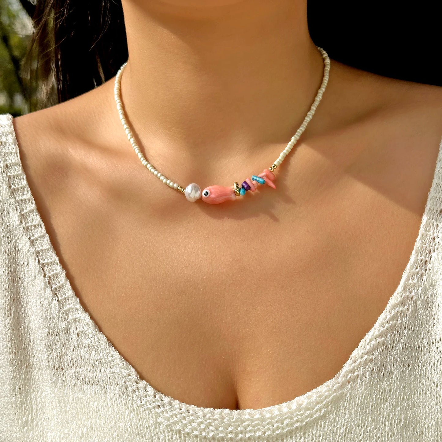 Charming Ceramic Fish Conch Starfish Pendant Necklace for Women Boho Colorful Acrylic Beads Choker Necklace Summer Beach Jewelry