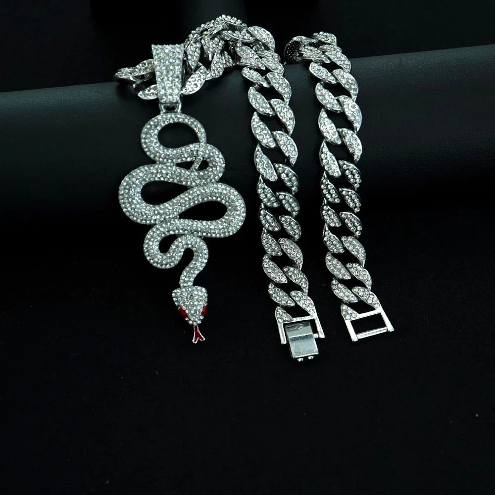 New Hip Hop Cobra Snake Necklaces with 15mm Cuban Chain Snake Animal Rapper Pendant Necklaces For Men Women Gothic Charm Jewelry