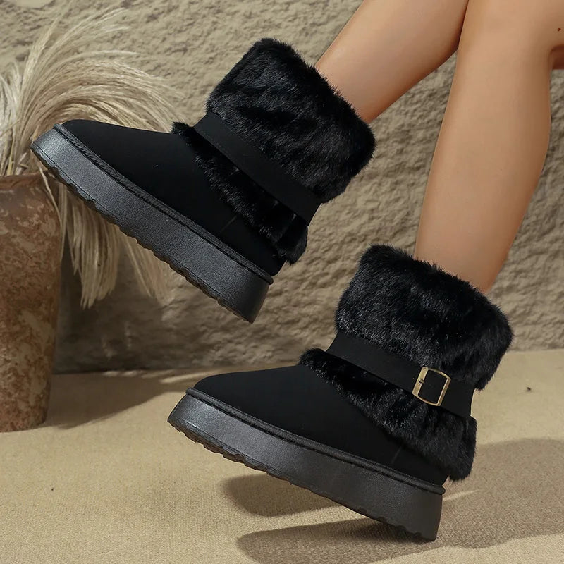Fashion Buckle Fluffy Fur Boots Women Comfortable Winter Slip On Platform Snow Boots Woman Thick Sole Furry Ankle Botas Mujer