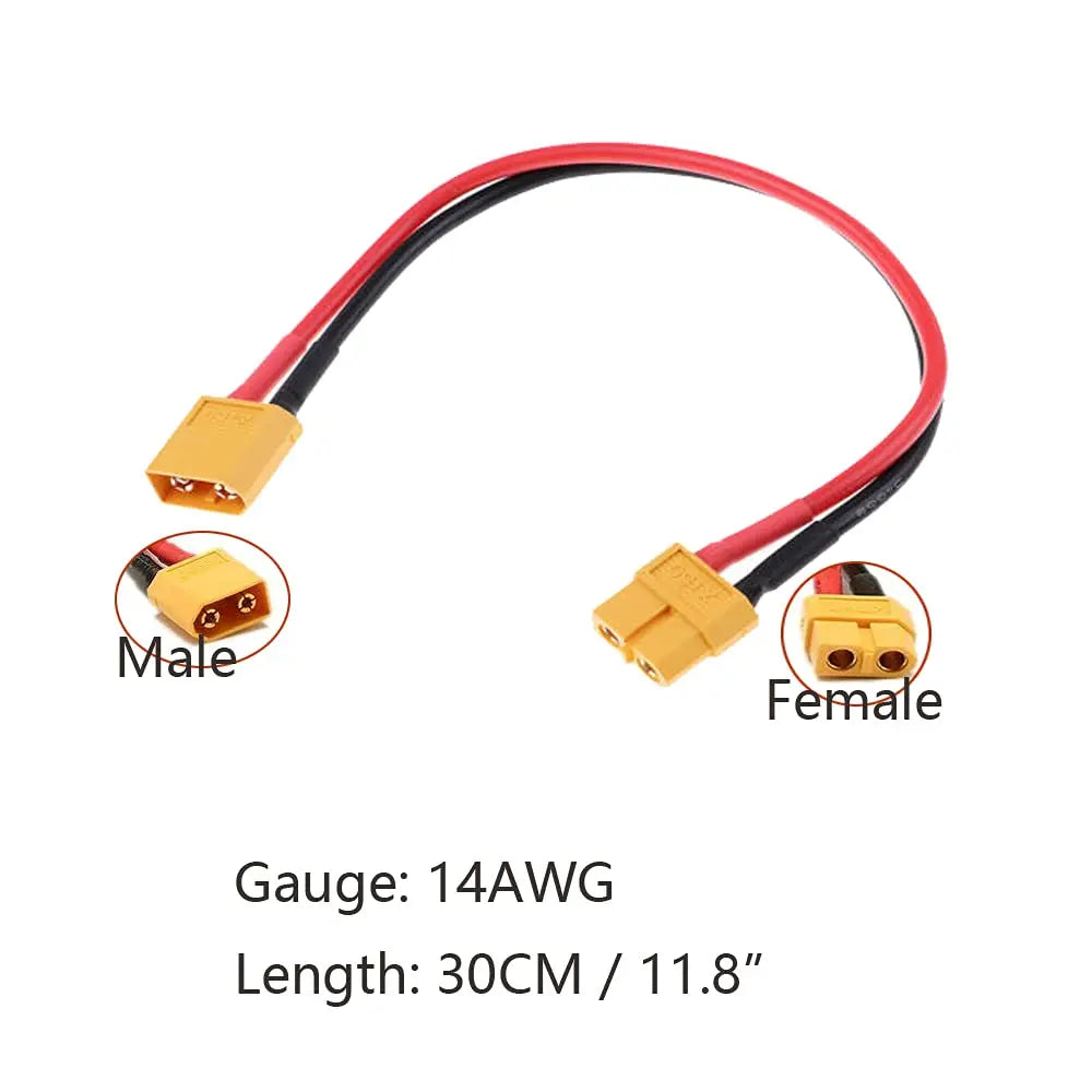 2-Pack XT60 Connector Plug Extension Cable Male to Female Adapter with 30CM 14AWG Silicone Wire for RC Lipo Battery
