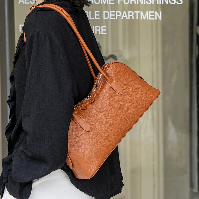 Genuine Cowhide Leather Large Baguette Shoulder Bag for Women Daily Office Pebbled Leather Hobo Tote Bag with Zipper Closure