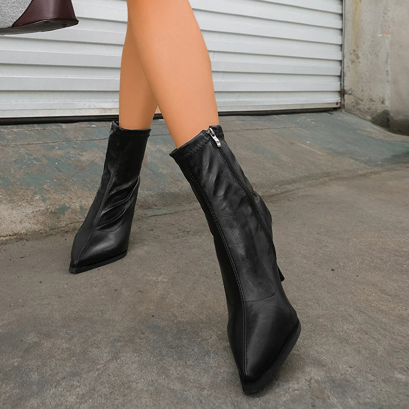 Sexy Stiletto High Heel Ankle Boots Women Plus Size 35-42 Pointed Toe Fashion Boots Woman Zip Pu Leather Short Booties Mujer