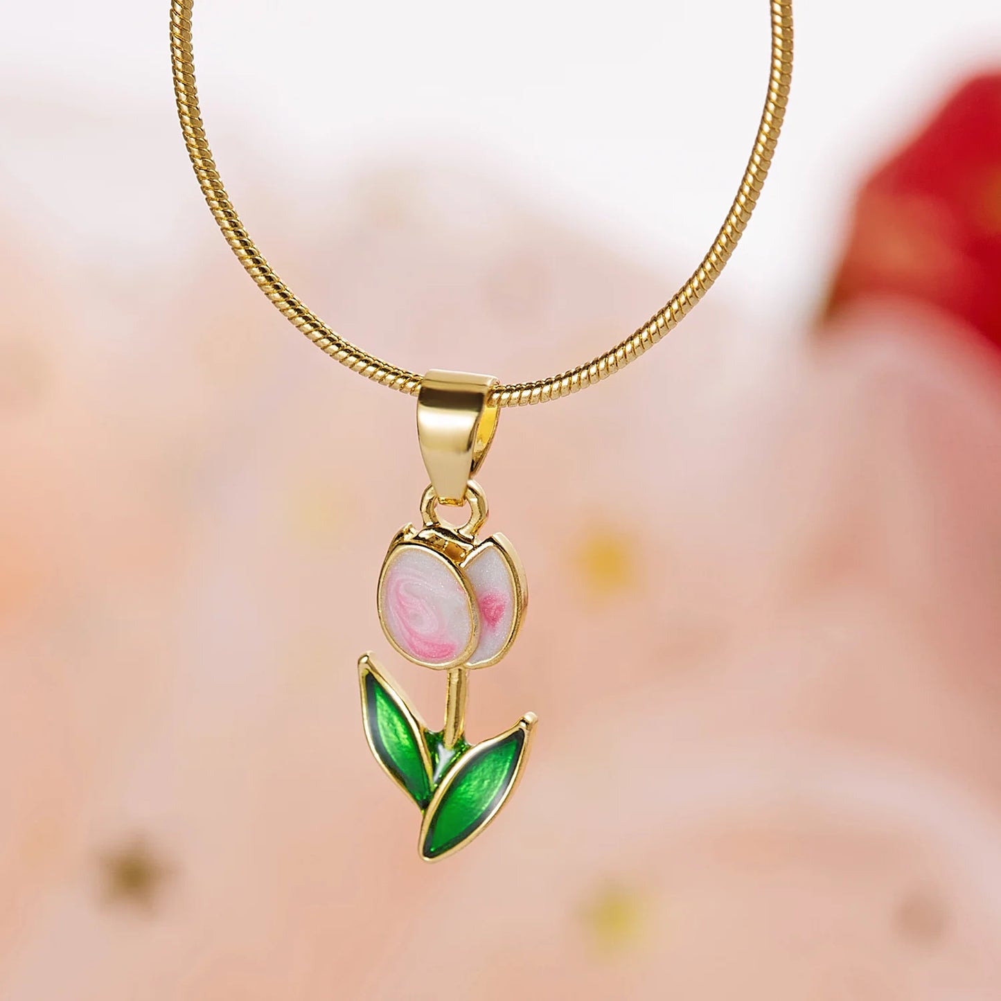 Exquisite Zircon Tulip Flower Pendant Necklace for Women Elegant Stainless Steel Clavicle Chain Fashion Party Jewelry Dropship
