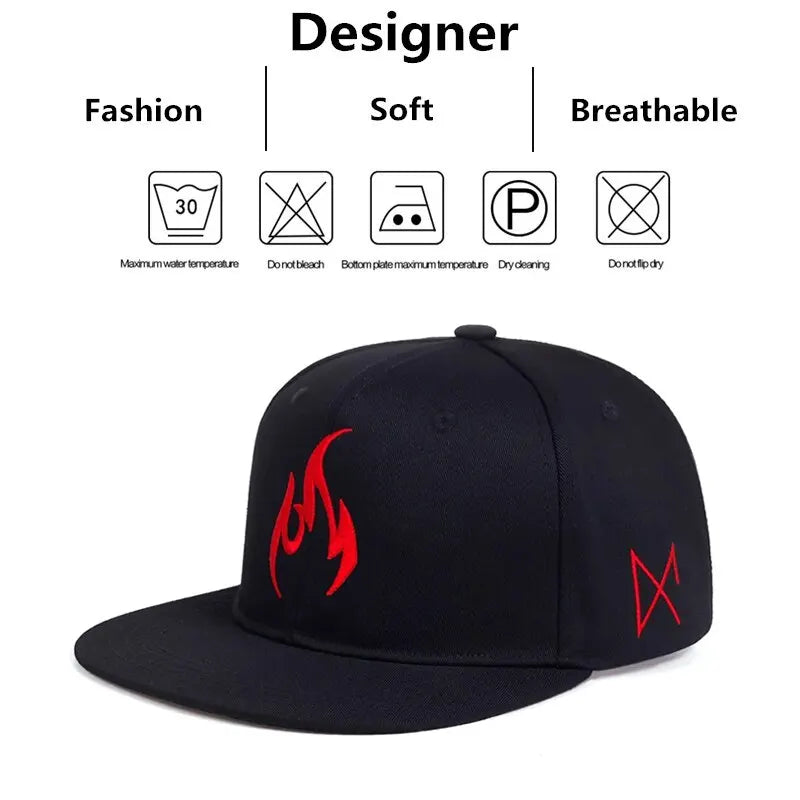 Unisex Flame Embroidery Hip-hop Hats, Adjustable Baseball Caps Sunscreen Hat