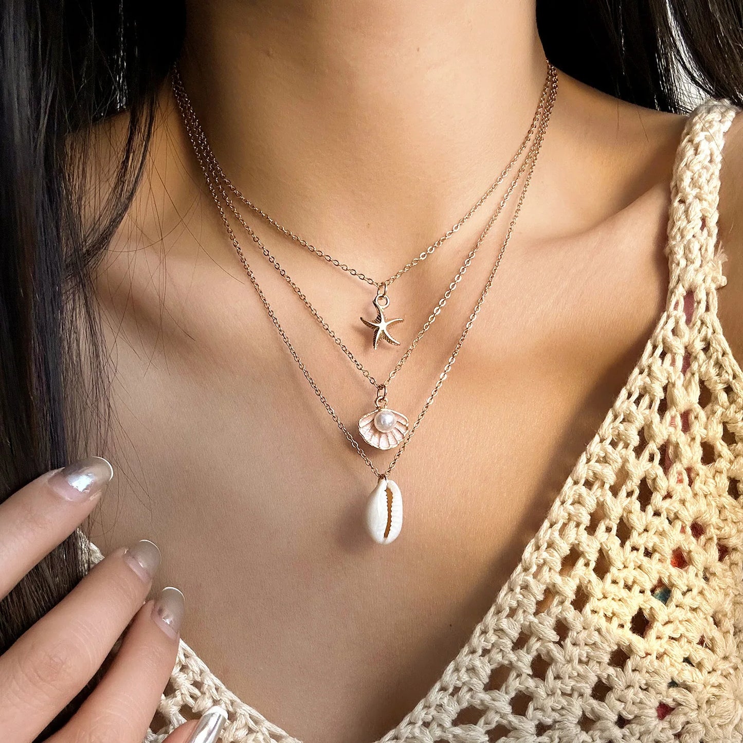 Boho Summer Starfish Shell Pearl Pendant Necklace for Women Trendy Gold Color Layered Chain Necklaces Beach Party Jewelry Gift