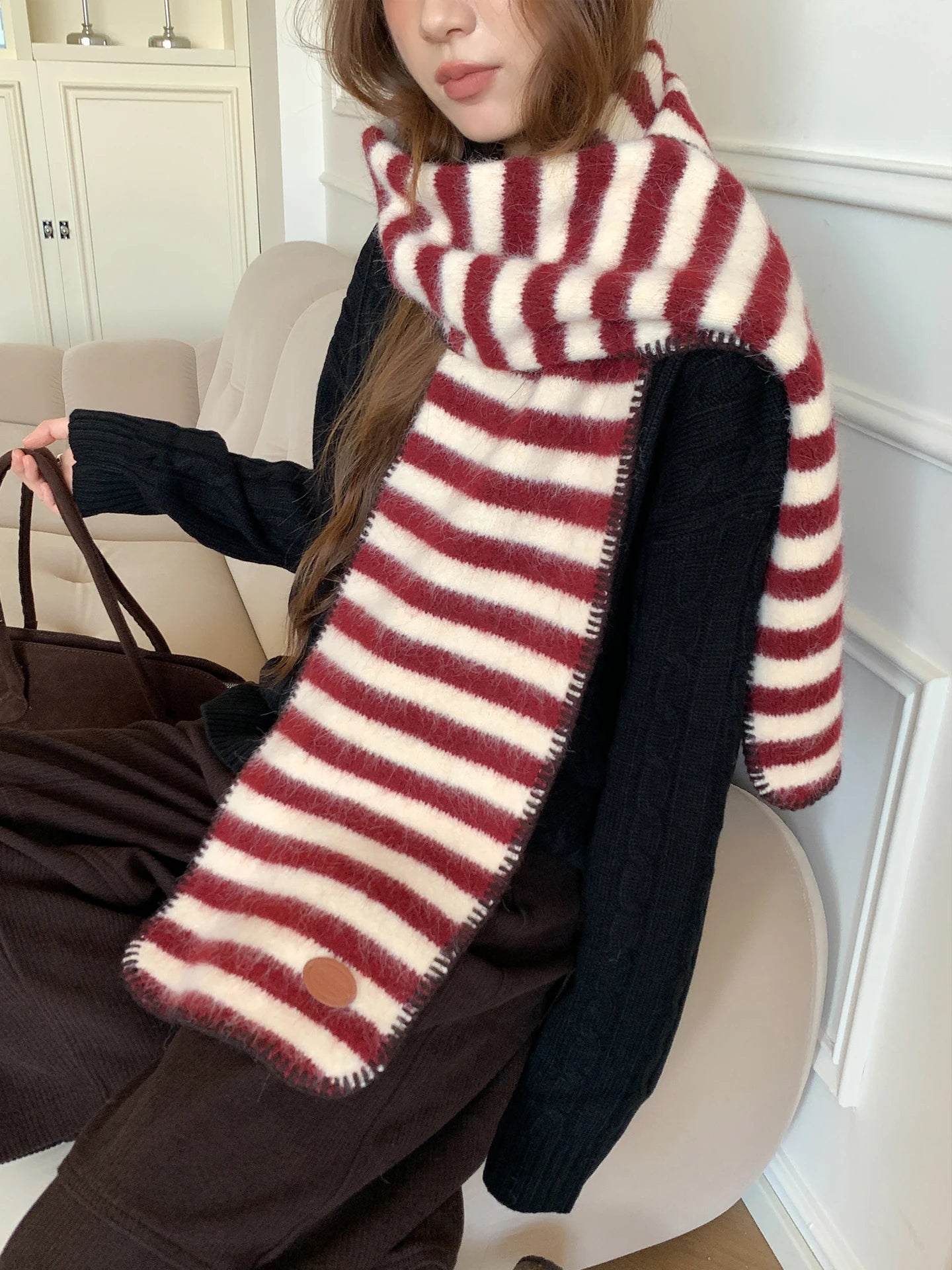 New Striped Scarf For Women Winter Atmosphere Student Thickened Woolen Knitting Neck Protection Cold Resistance Warmth