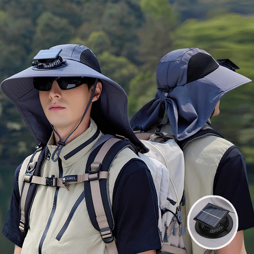 9217Ultra-wide brim sun hat, 1pc solar fan hat, waterproof bucket hat for fishing, hiking and camping