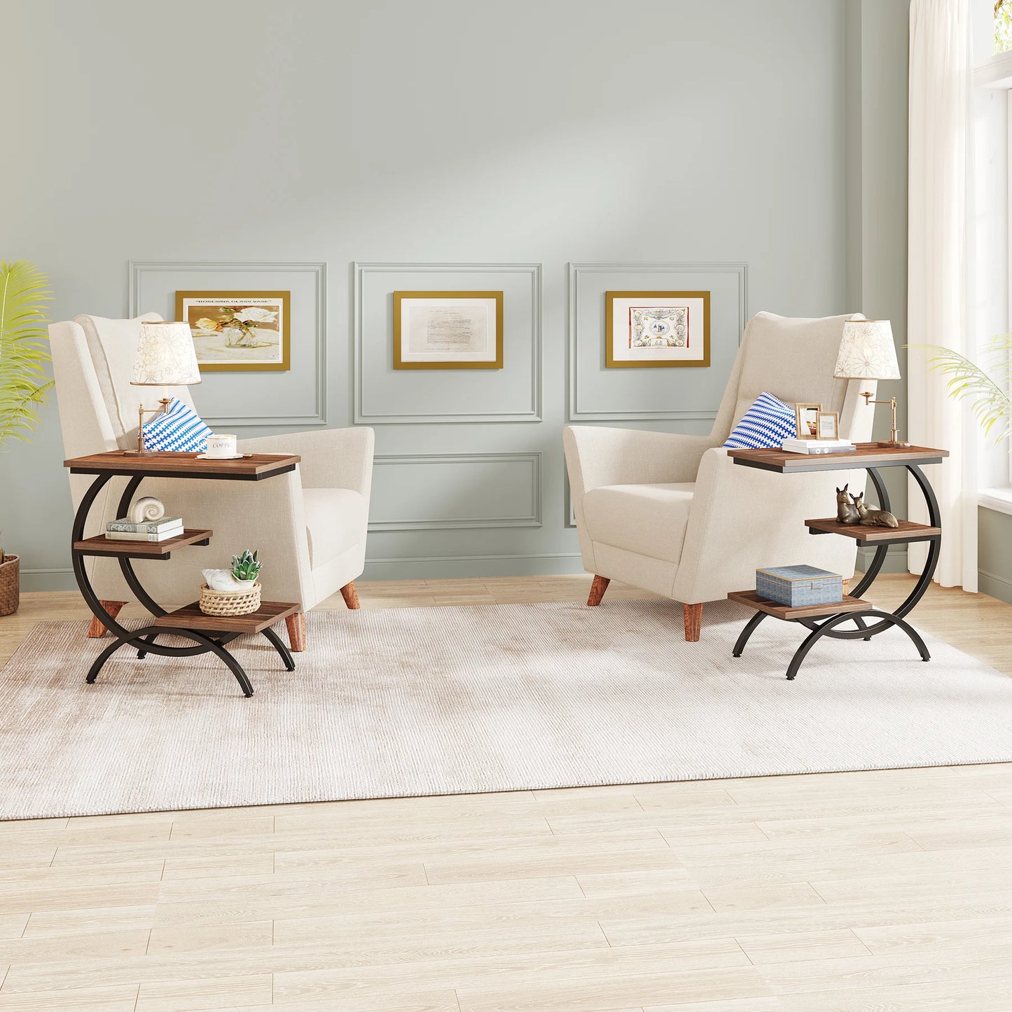 Tribesigns C-Shaped End Table, Industrial 3-Tier Small Table, Wood Snack Table