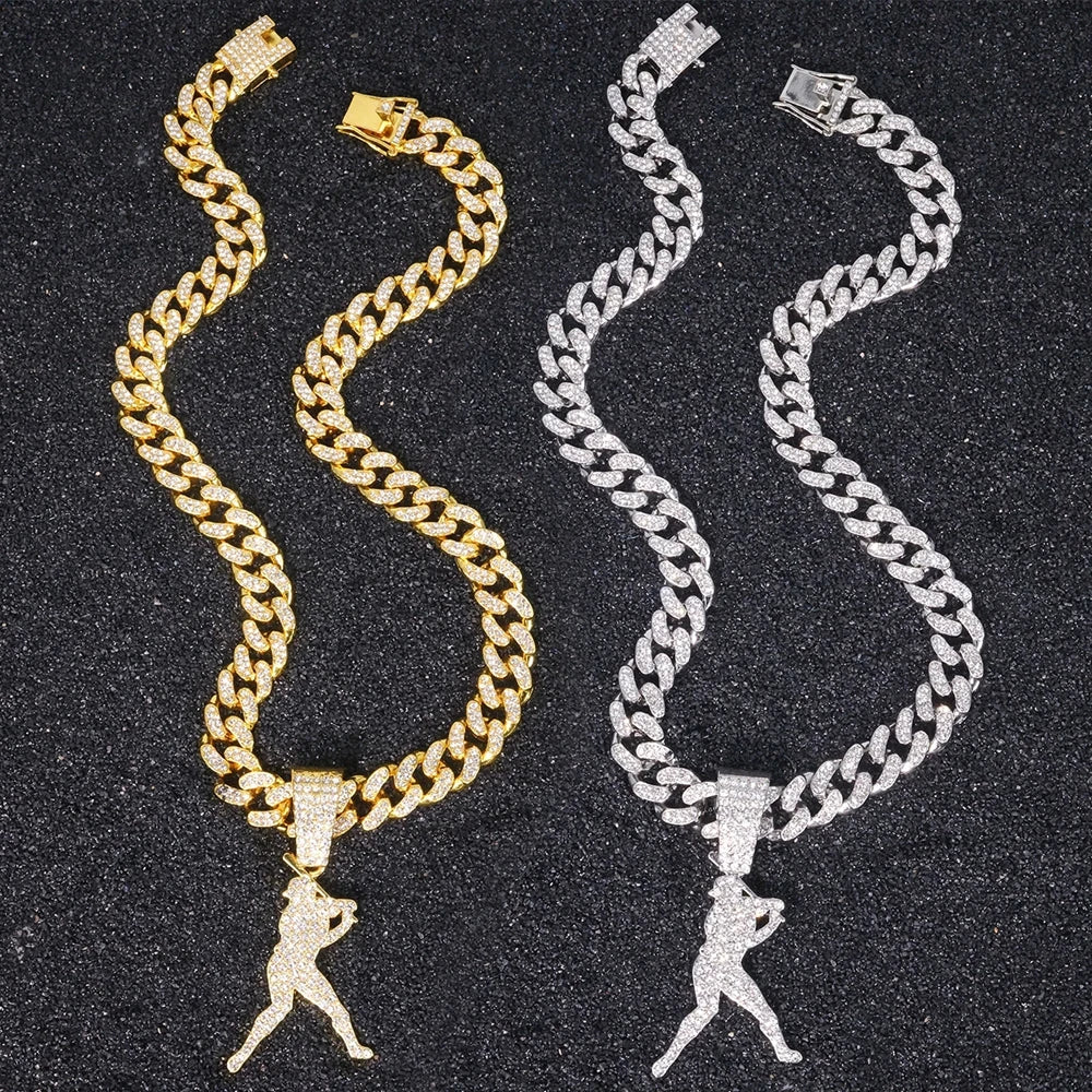 Hip Hop Baseball Pendant Fashion Sport Style Necklace with 13mm Cuban Chain Baseball Player Pendant Trendy Men's Party Jewelry