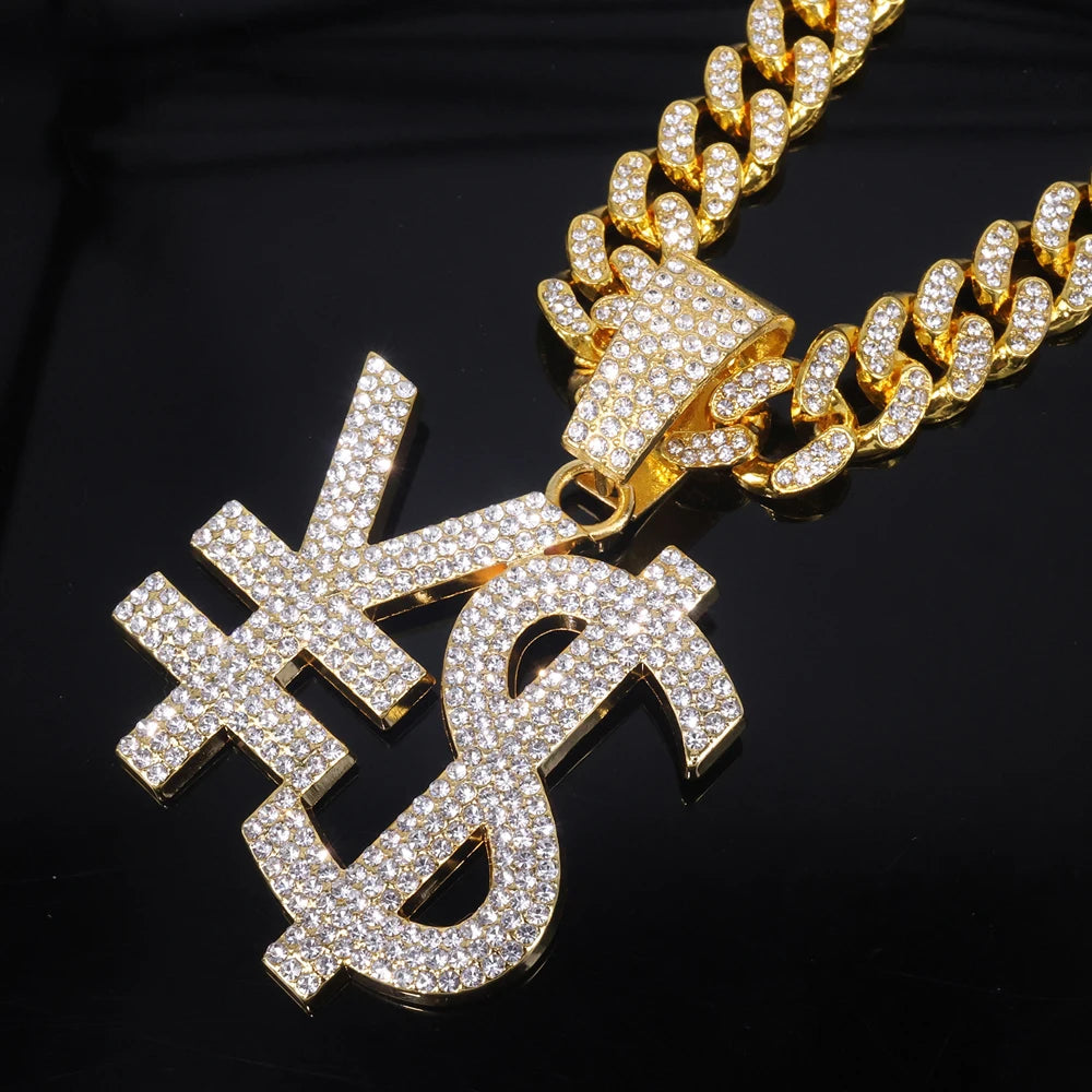 Hip Hop Exaggerated Dollar Sign Pendant,with 13mm Cuban Chain Currency Symbol Pendant Necklace for Men Rapper Charm Jewelry Gift