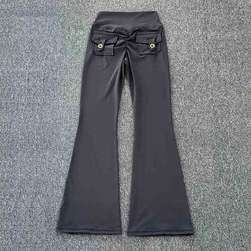 Polyamide Nude High Waist Cargo Pocket Long Yoga Fitness Gym Flare Long Pants Women Activewear