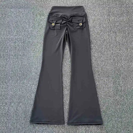 Polyamide Nude High Waist Cargo Pocket Long Yoga Fitness Gym Flare Long Pants Women Activewear
