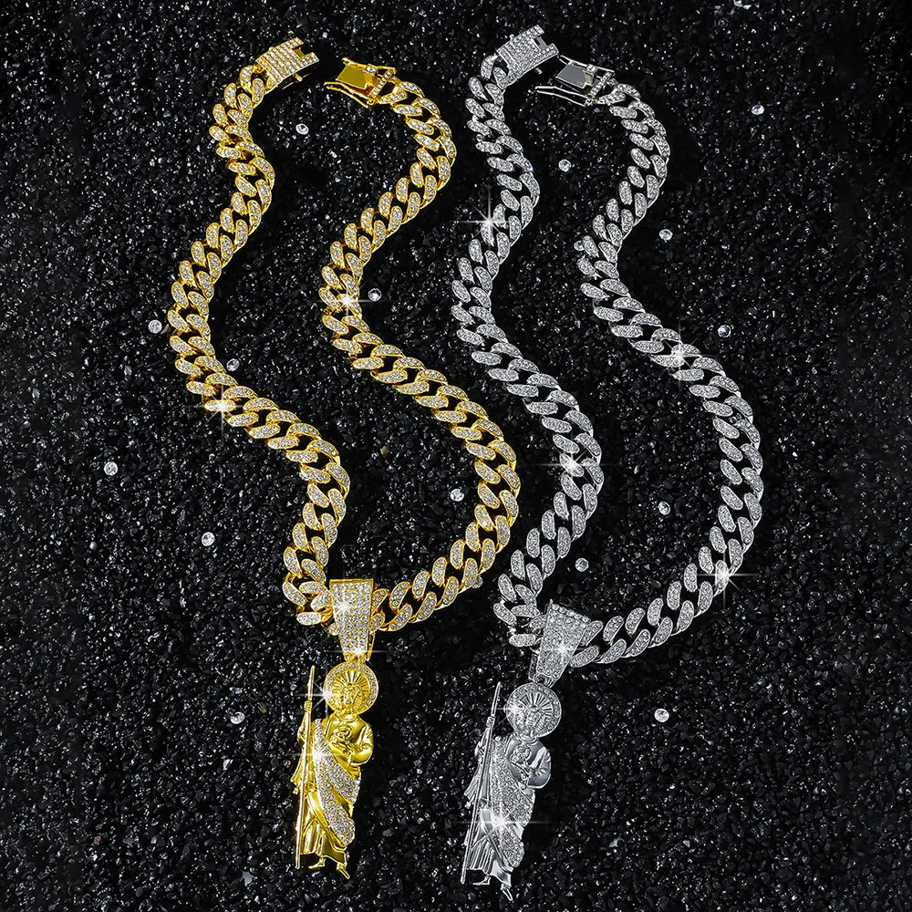 Hip Hop Men Bling Iced Out Crystal Miami Cuban Link Necklace For Women San Judas 13mm Cuban Chain Religious Jewelry Pendant Gift