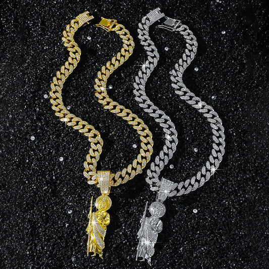 Hip Hop Men Bling Iced Out Crystal Miami Cuban Link Necklace For Women San Judas 13mm Cuban Chain Religious Jewelry Pendant Gift