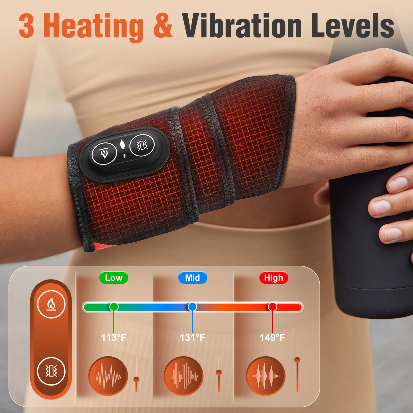 Cordless 36pcs LED Beads 660&850nm Red Light Heating Protect Belt 3 Levels Heating Vibration Hand Wrist Wrap for Leg Arm Ankle