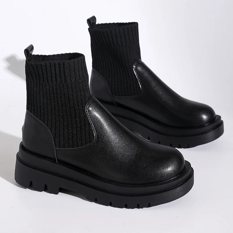 Women's Slip-On Chunky Platform Boots Knitted Patchwork Pu Leather Thick Sole Boots Woman Comfy Non Slip Chelsea Botas Mujer