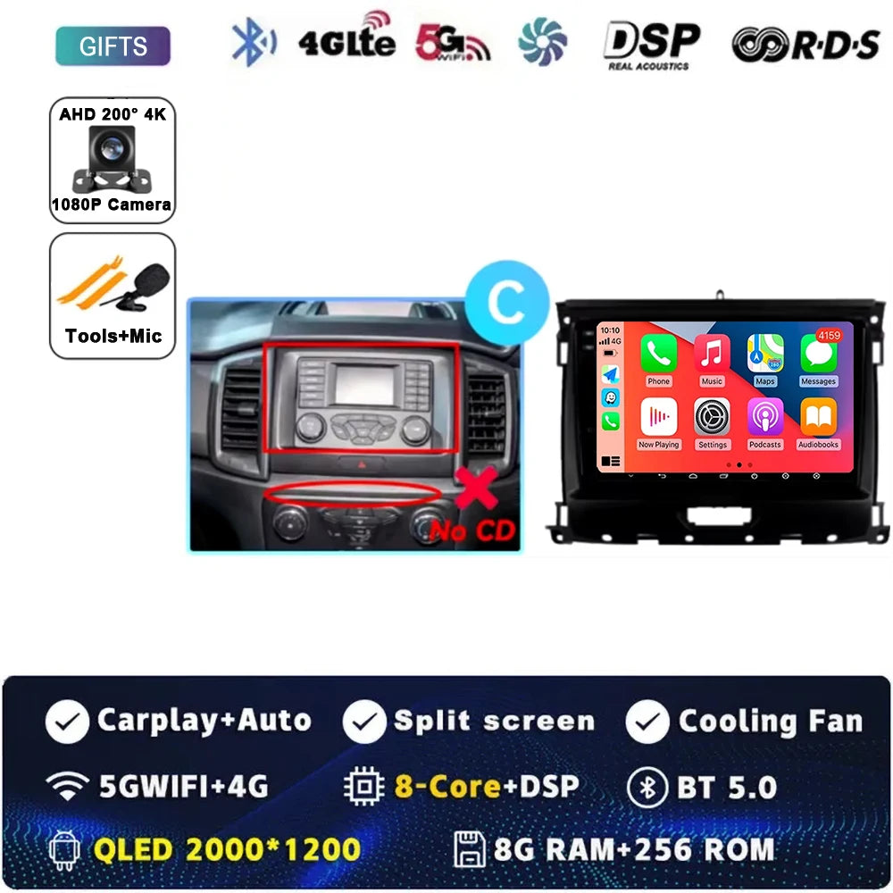 For Ford Ranger 2015 2016 2017 2018 2019-2022 Android 16 Car Radio Stereo QLED Screen GPS Multimedia Carplay Autoradio Head unit