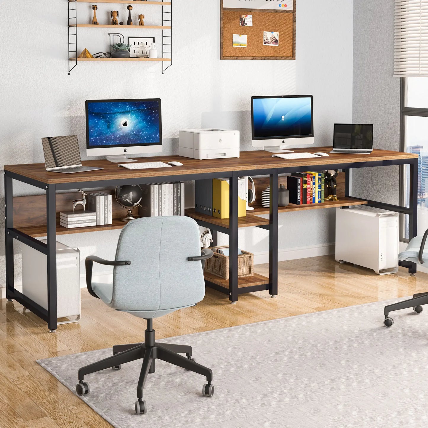 Tribesign Two Person Desk with Bookshelf, 78.7 Computer Office Double Work Desk