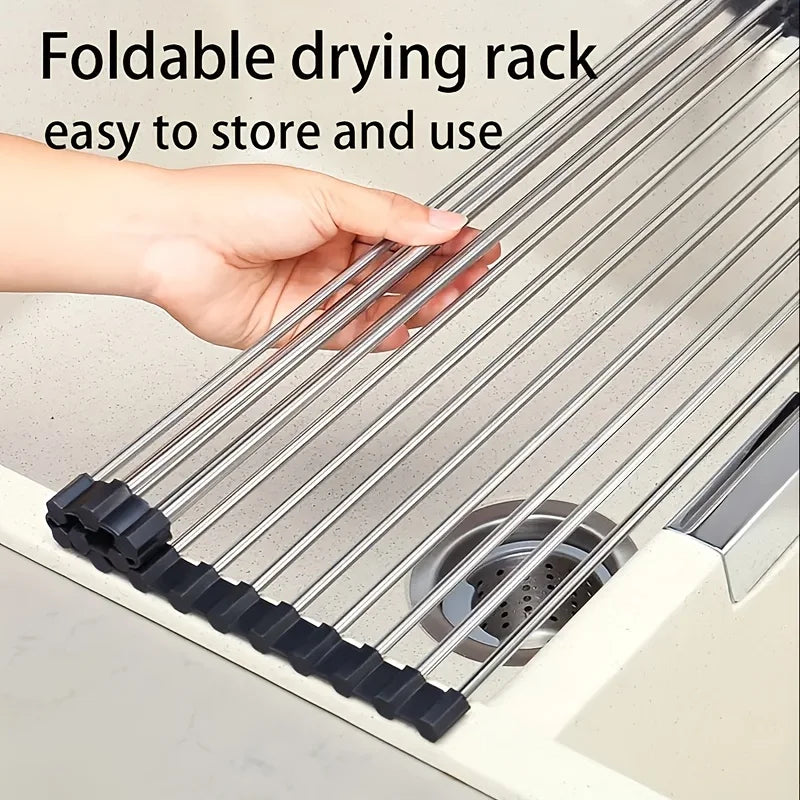 1pc Stainless Steel Kitchen Sink Drain Rack, Sink Bowl And Dish Storage Rack, Foldable Drain Basket, Portable, Easy to Clean