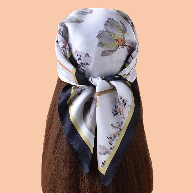 1pc Sweet Large Flower Print Silk Satin Square Scarf Women's Hair Accessory Spring New Style Versatile Belt Bag Decoration Heads