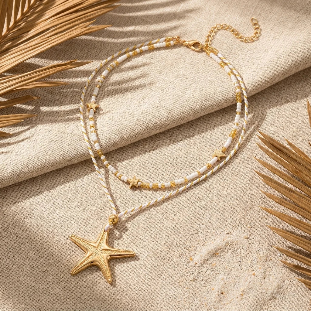 Layered Gold Starfish Pendant Necklace Women White Seed Bead Rope Cord Choker Boho Beach Summer Vacation Jewelry