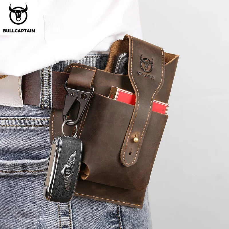 BULLCAPTAIN 2022 New Men's Leather Waist Bag Can Be Used For 5.5-6.8-Inch Mobile Phone Carrying Cigarette Case Outdoor Bag