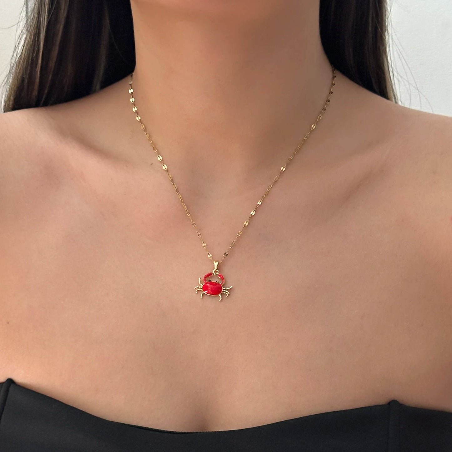 Minimalist Red Enamel Crab Pendant Necklace for Women Copper Gold Tone Chain Simple Ocean Charm Cute Statement Jewelry Gift