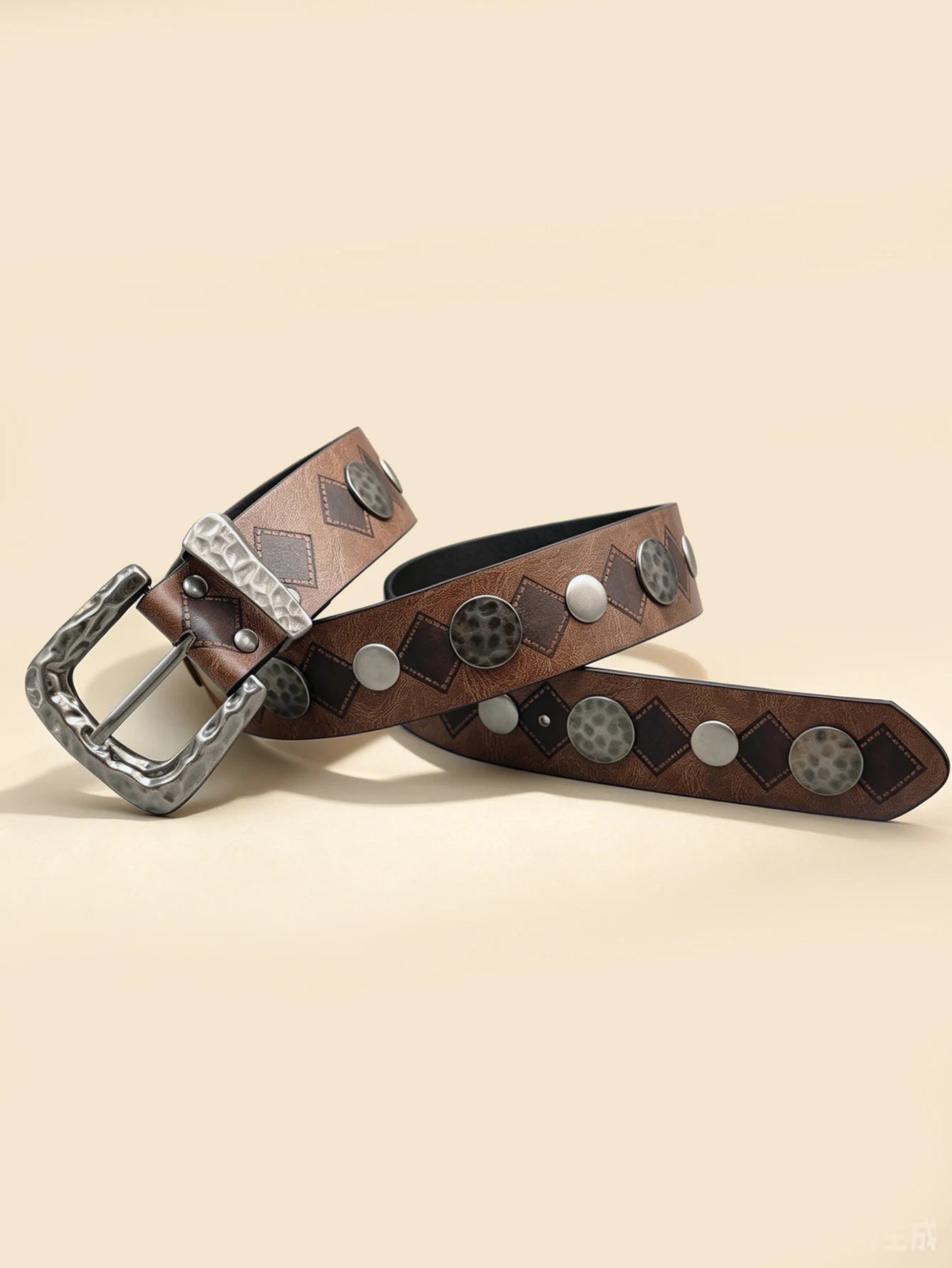 Western Hammered Buckle Rivet Belt, Vintage Brown Diamond Embossed Unisex Waistband