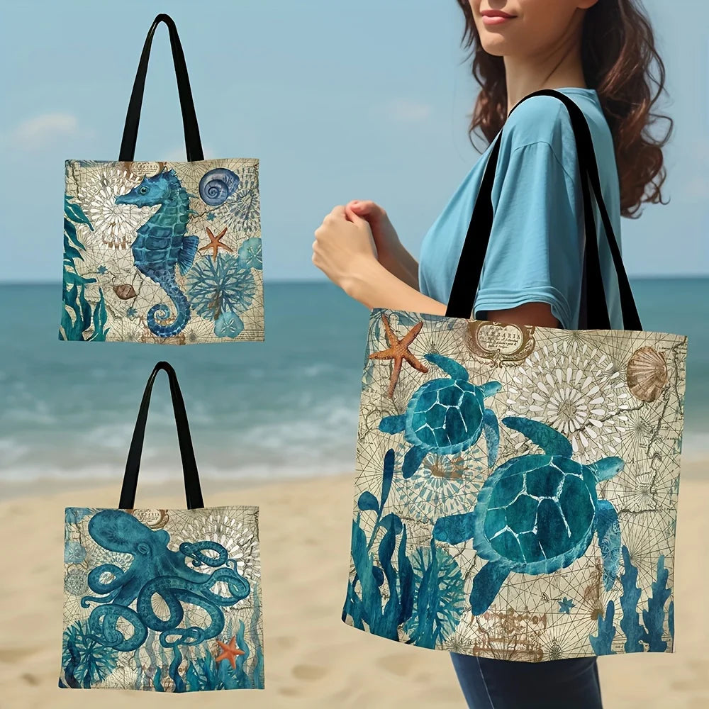 Rustic Tote Bag w/ Sloth Print Large Shoulder Shopping Bag, Women's Beach Bag