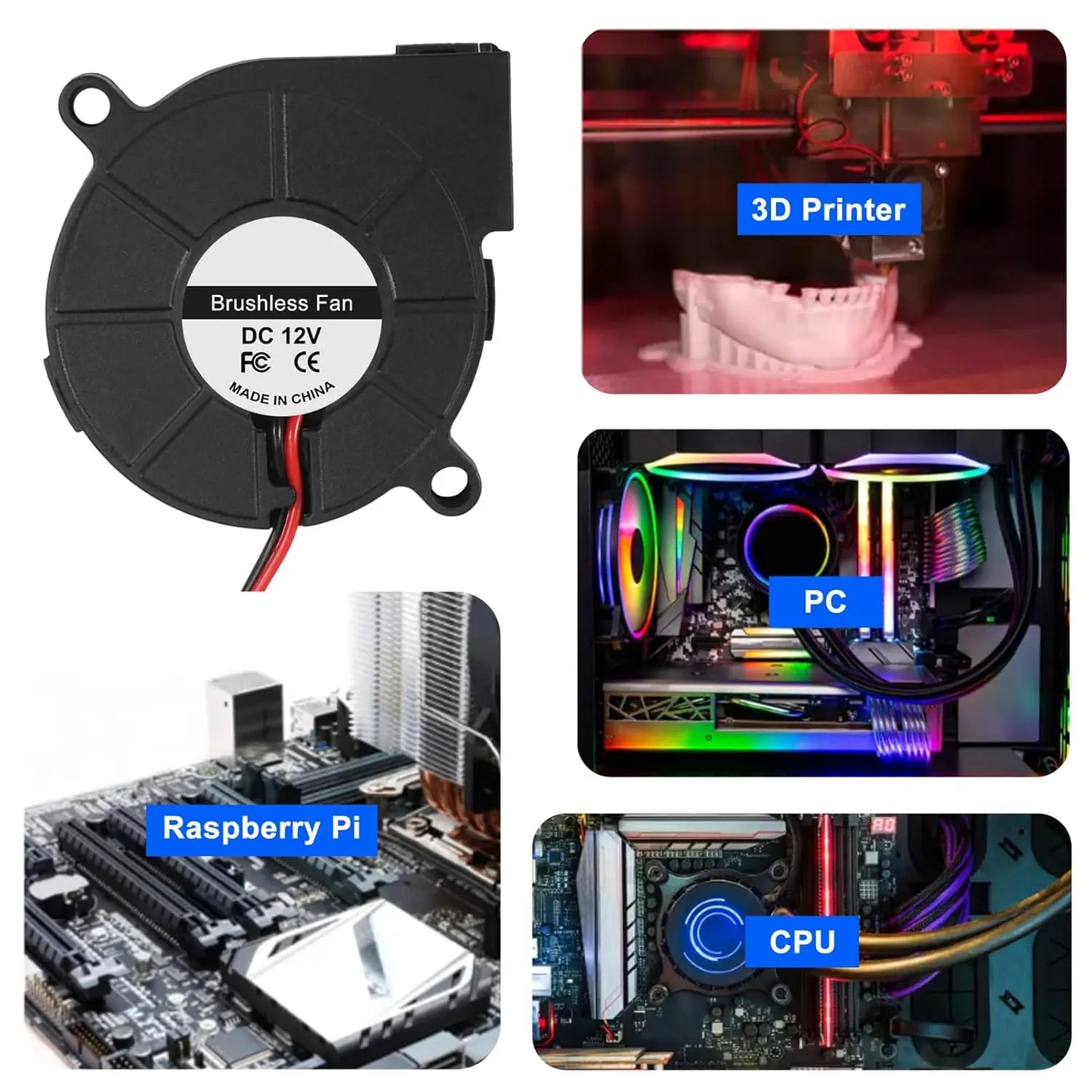 4pcs 50mm 5015 Blower Fan 12V Fans Blower Turbine Turbo Dual Ball Bearing, 1000mm/39in Cable Brushless Cooling 50mmx15mm 2PIN