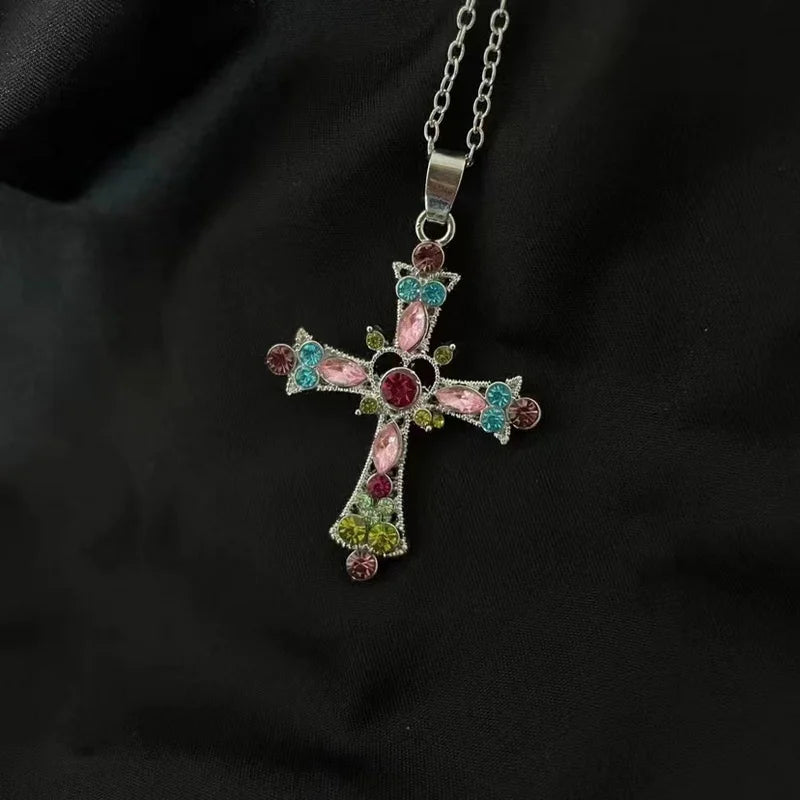 Gothic Y2K Crystal Zircon Cross Pendant Necklace for Women European and American Fashion Neck Chain Party Jewelry Birthday Gift