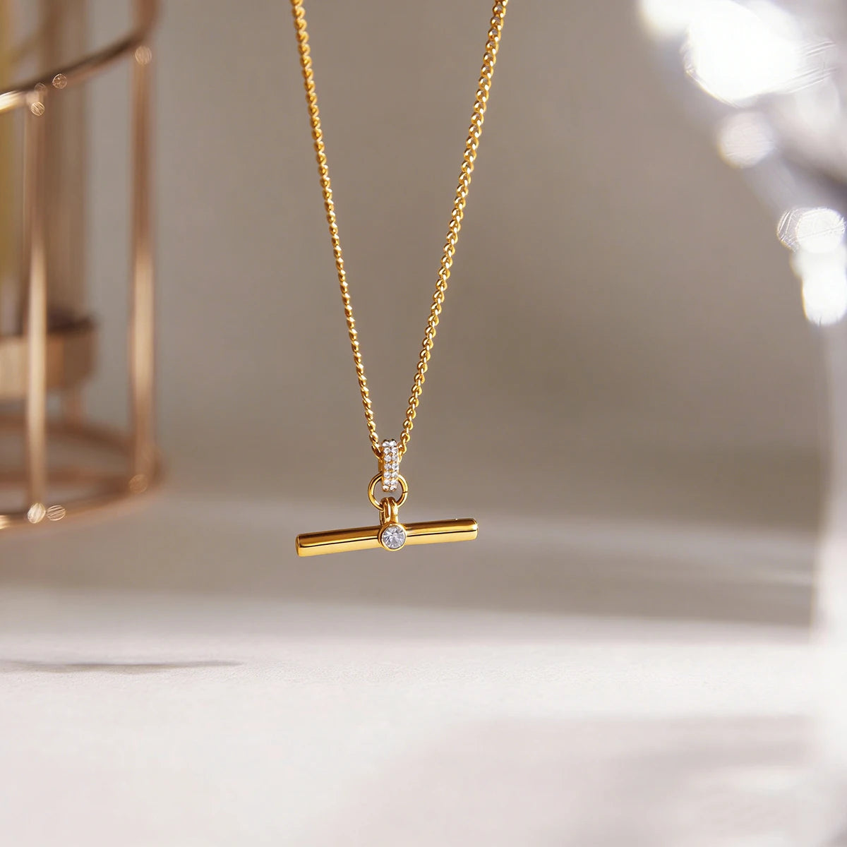 Uworld Delicate Gold Color White Rhinestone T-Bar Pendant Necklace Layered Jewelry For Women 18K PVD Plated Stainless Steel Gift