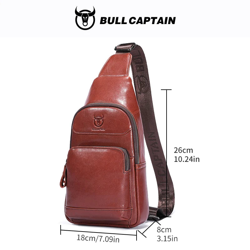 BULLCAPTAIN Men's Genuine Leather Chest Bag Multifunctional 7-inch Mobile Phone Bag Cowhide Casual Retro Shoulder Crossbody Bag