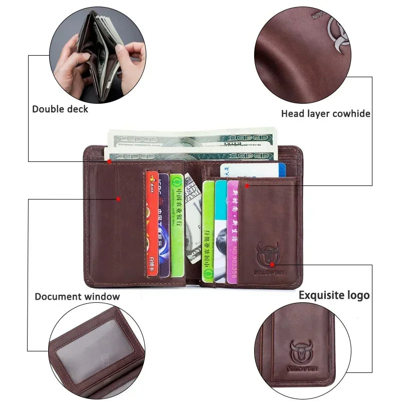 Bullcaptain RFID Leather Men's Wallet with Coin Purse Retro Fashion Men's Wallet Features Brown Short Wallet Card Holder Clutch