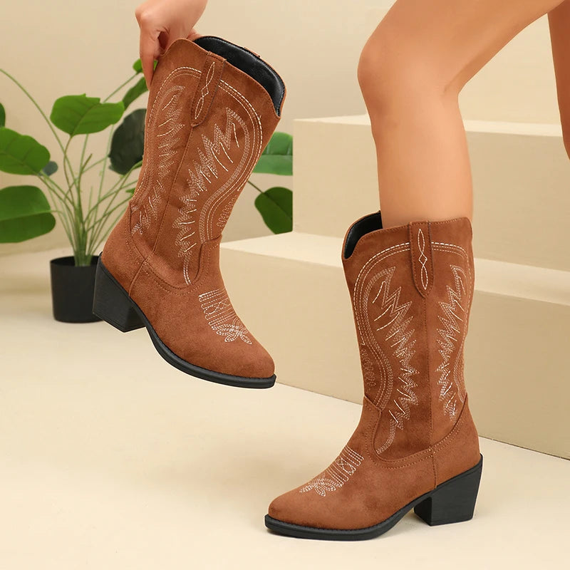 Brown Embroidered High Heels Western Boots Women Pointed Toe Flock Block Heel Cowgirl Boots Women Plus Size 43 Mid Calf Botas