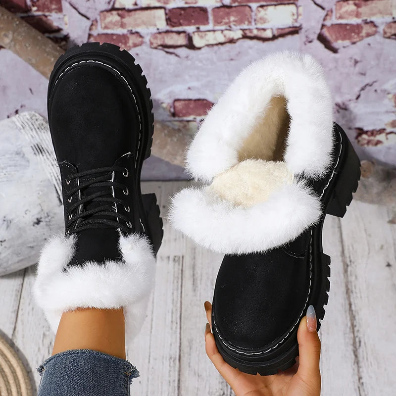 Thick Heels Faux Fur Ankle Boots Women Fashion Lace Up Long Plush Winter Boots Woman Comfort Non Slip Cotton Padded Shoes Female